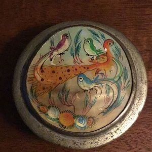 Antique Hand tooled & Painted Silver Trinket Box